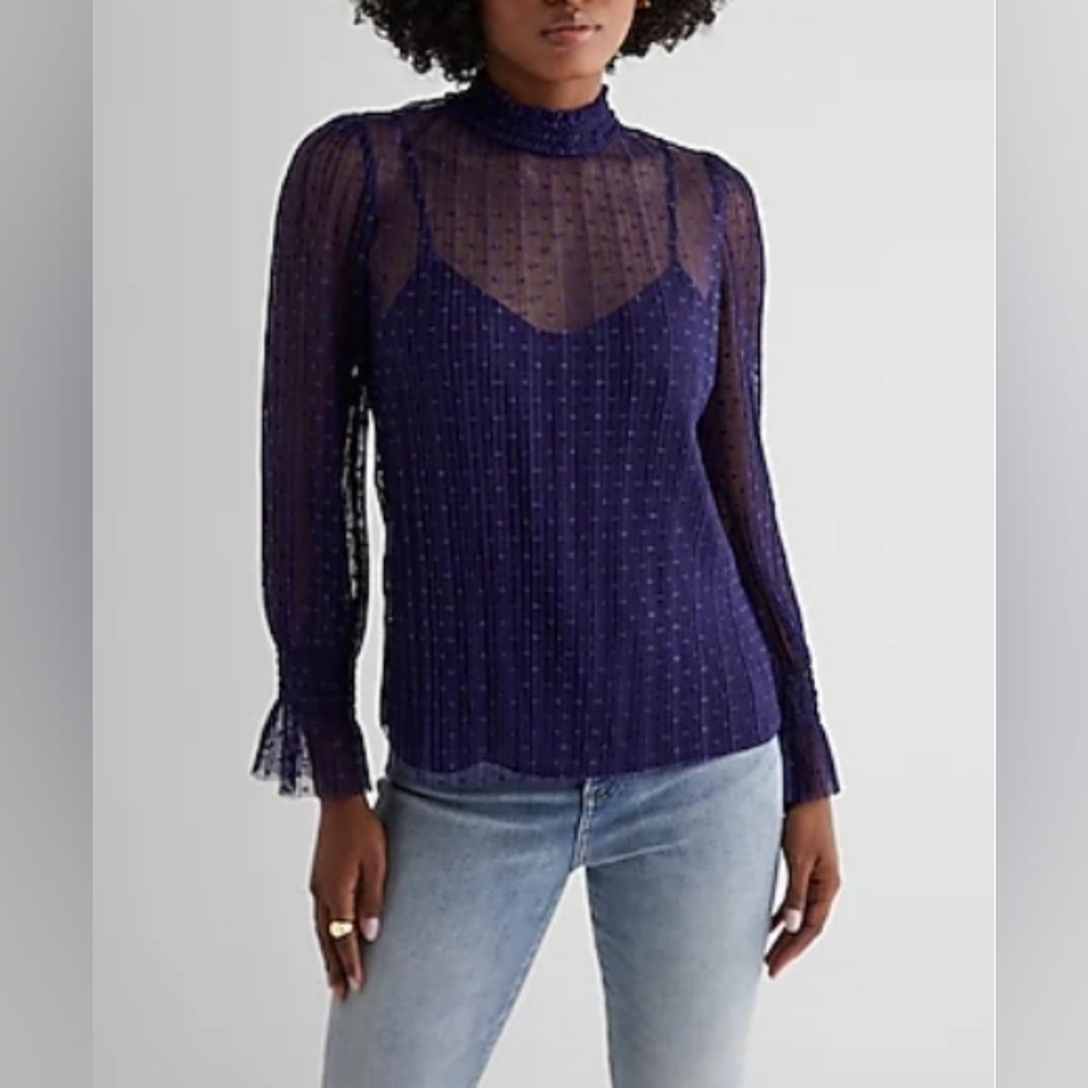 Express Womens Sheer Dot Mock Neck Smocked Cuff Top PURPLE XS